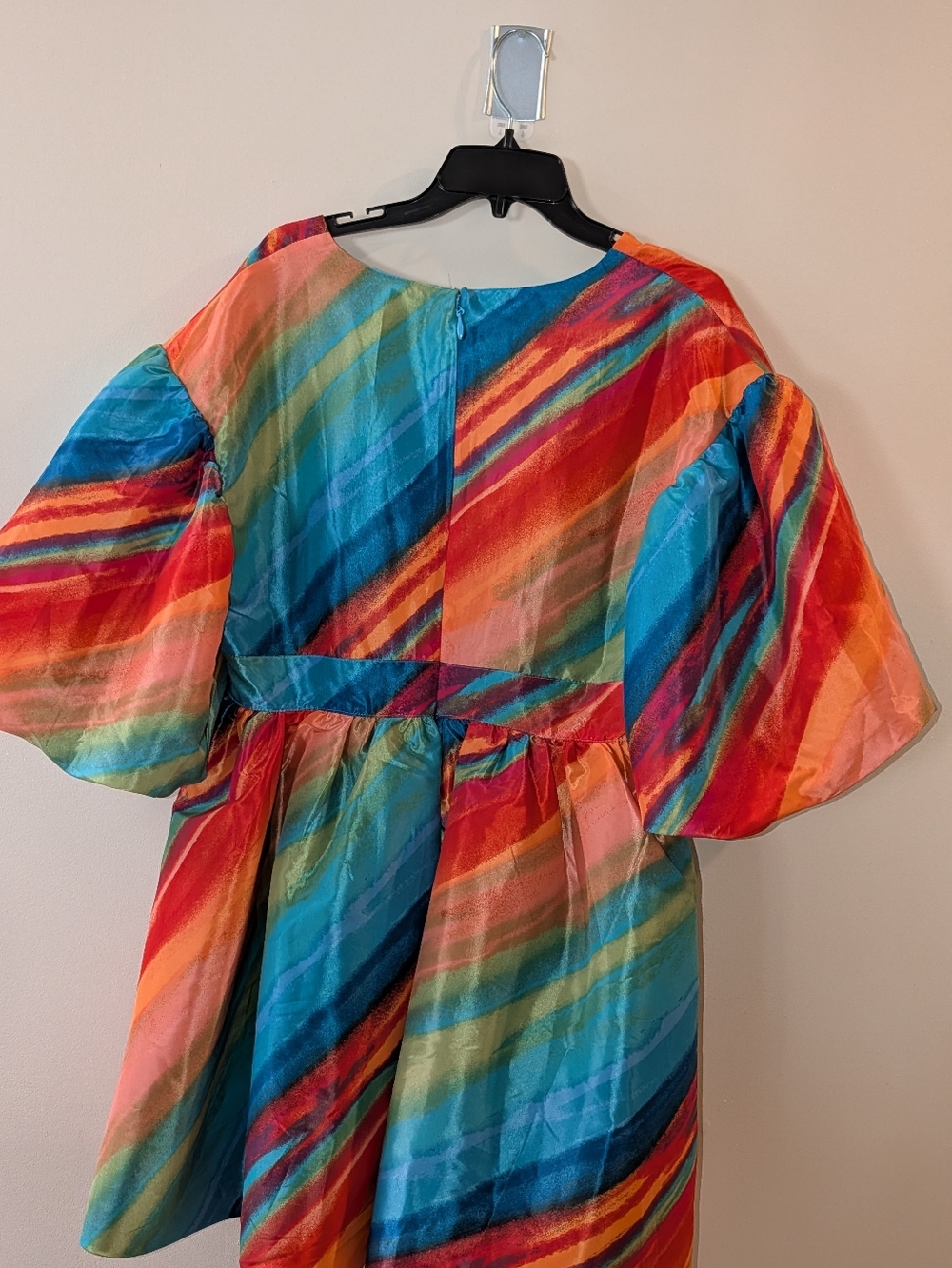 NY&Co. Puff Sleeve V-Neck Mini Dress - Multicolor Stripes - Picture 2 of 3